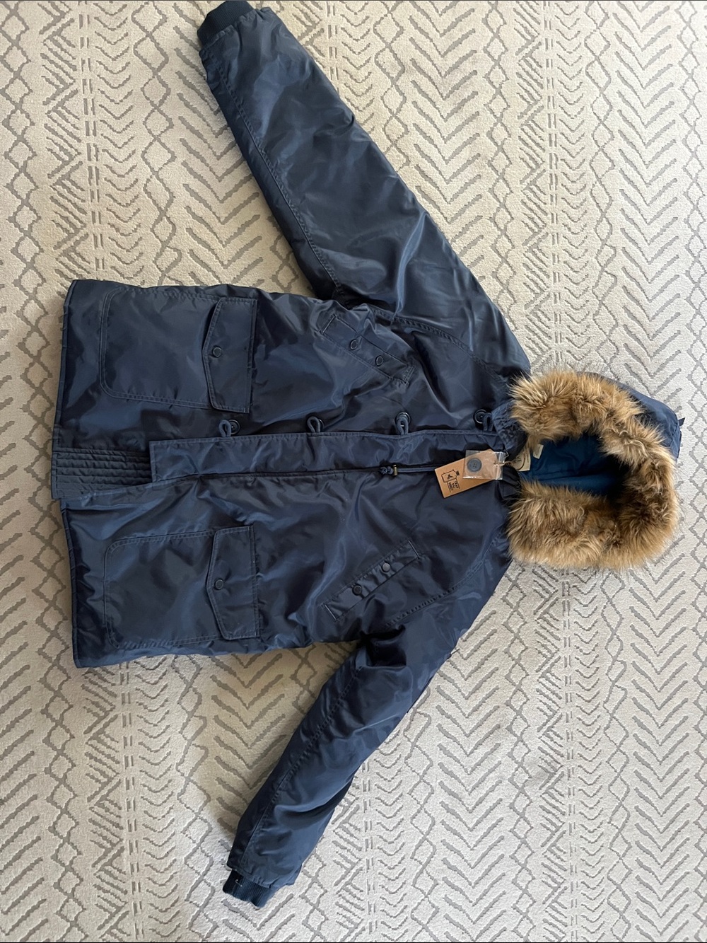 NATIVE YOUTH Navy Puffer Jacket with Faux Fur Hood